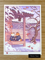 'Fox and Cat, Green Tea in Snow' Giclee Print