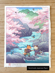 'Fox and Cat, Sakura Hike' Giclee Print