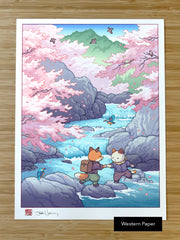 'Fox and Cat, Sakura Hike' Giclee Print