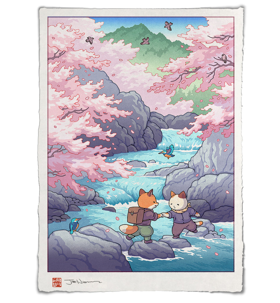 'Fox and Cat, Sakura Hike' Giclee Print