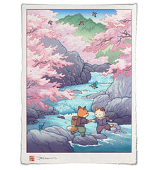 'Fox and Cat, Sakura Hike' Giclee Print