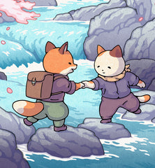 'Fox and Cat, Sakura Hike' Giclee Print