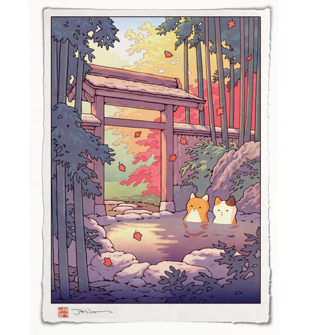 'Fox and Cat at the Onsen' Giclee Print