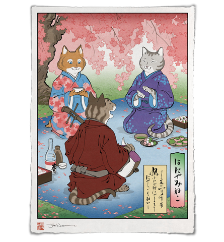 'Hanami Cats' Woodblock Print