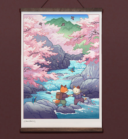 **Pre-Order** 'Fox and Cat, Sakura Hike' Wall Scroll