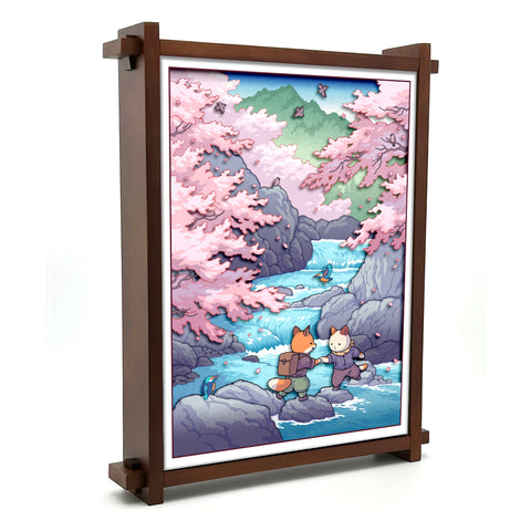 'Fox and Cat, Sakura Hike' Shadow Box