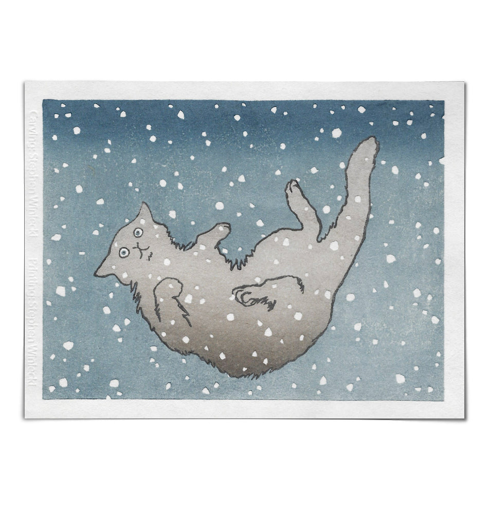 'Cat Falling in Snow' Woodblock Print